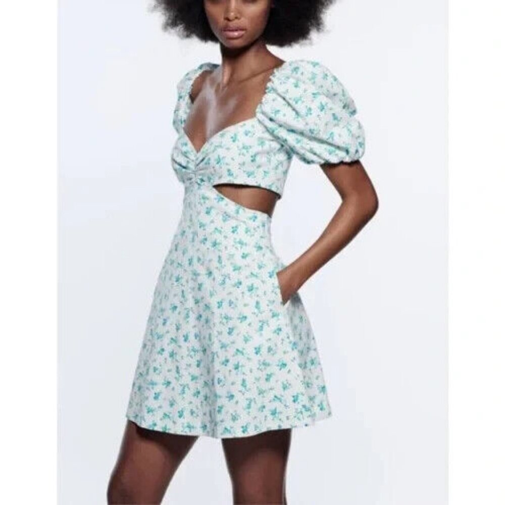 ZARA Floral Cut Out Puff Sleeve Mini Dress Blue Small Cottagecore Needs Zipper